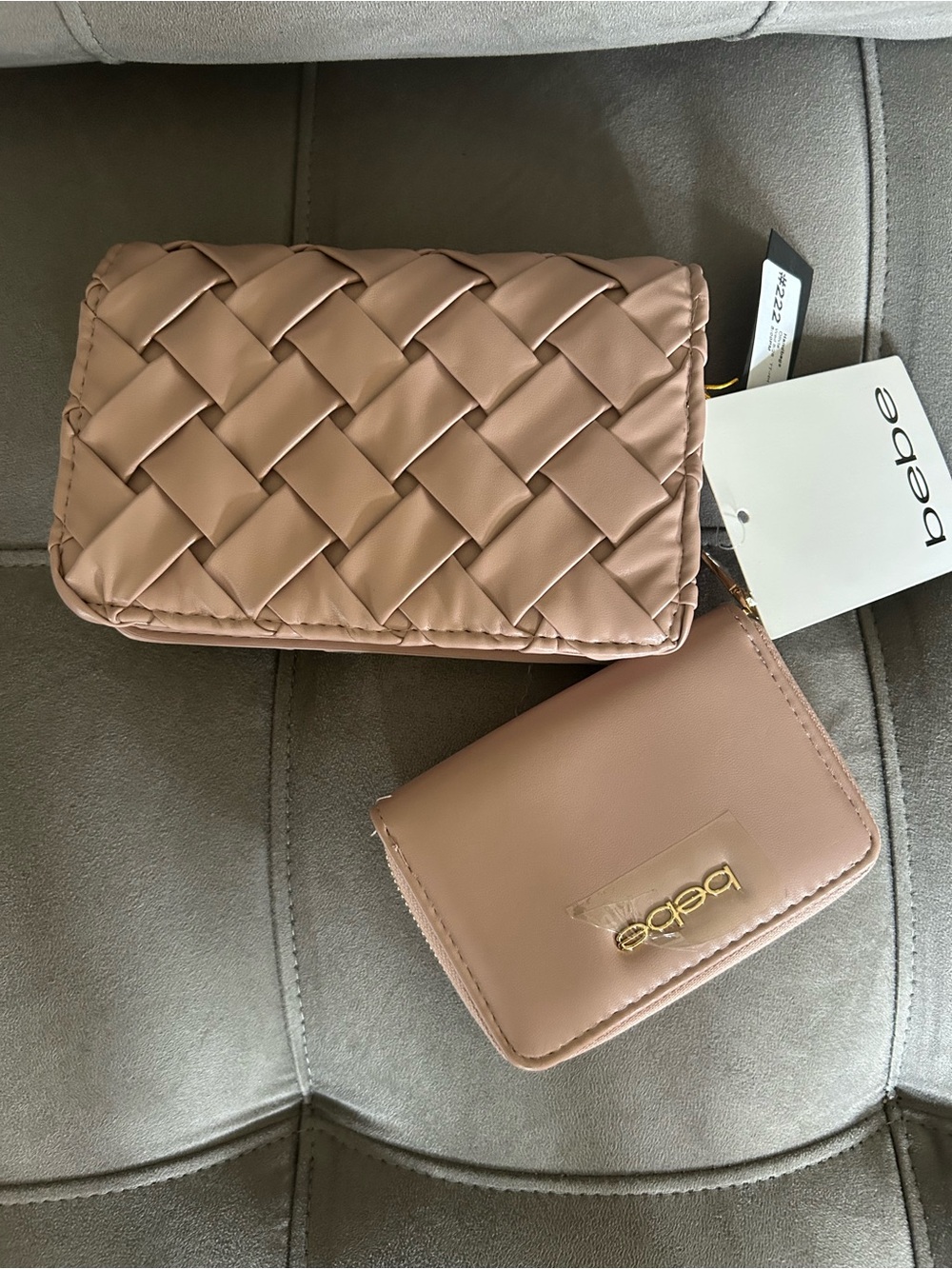 bebe Blush Taupe Woven Flap and Zip Wallet Set